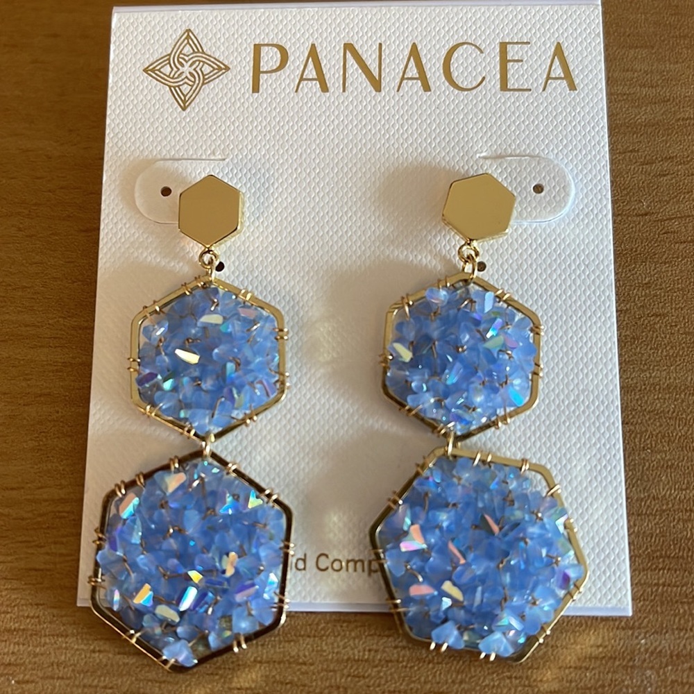 NWT Panacea Blue Crystal Hexagon Earrings - Picture 3 of 4
